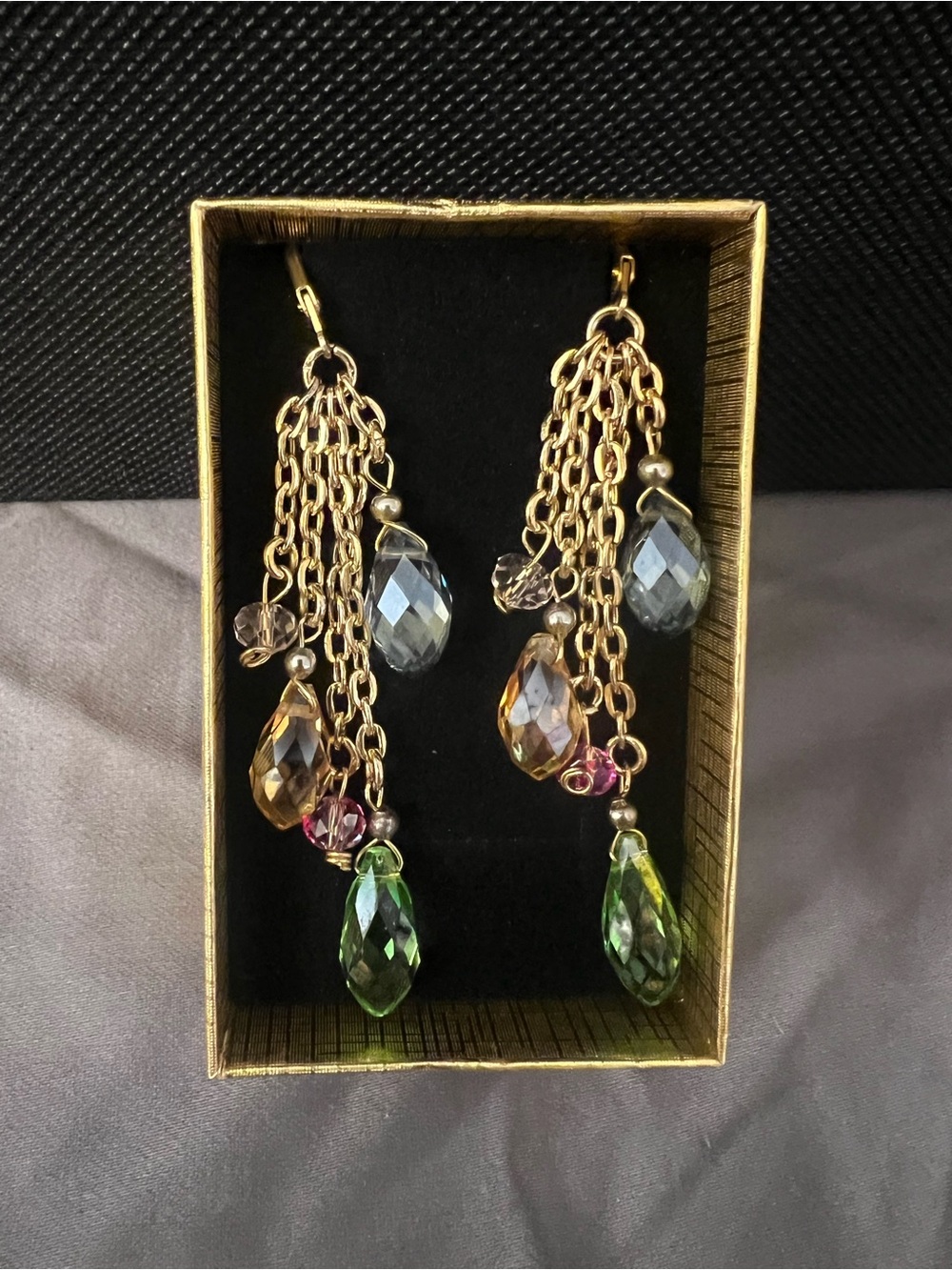 Golden stainless steel Chandelier Dangle Earrings with Gemstone Drops